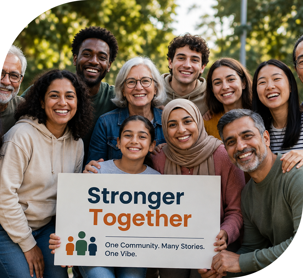 Community members standing together holding a Stronger Together sign